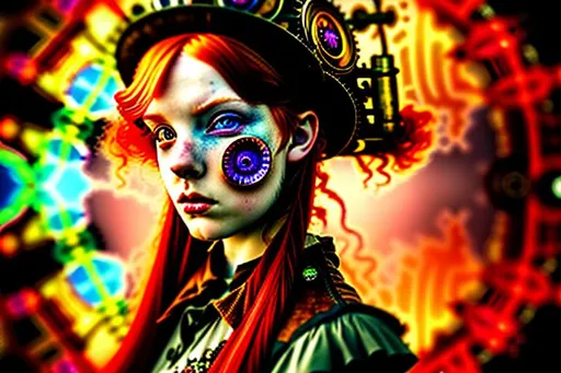 Prompt: psychedelic  steam punk red haired beautiful girl closeup. neon kaleidoscopic glass. wide-angle 