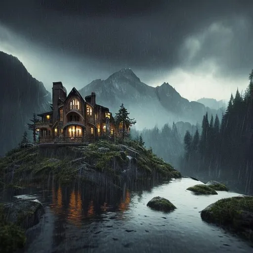 Prompt: beautiful rainy day, mountains, a dream house, night, calm, alone, art, realistic, hyper-realistic, highly detailed, realism, 32k, photography, hdr, 1080p, cinematic, Hyperrealistic, splash art, concept art, fictional environment, mid shot, intricately detailed, colour depth, dramatic, side light, colourful background, beautifully shot, perfect composition, atmospheric, moody, happy, emotion, cherry blossoms
