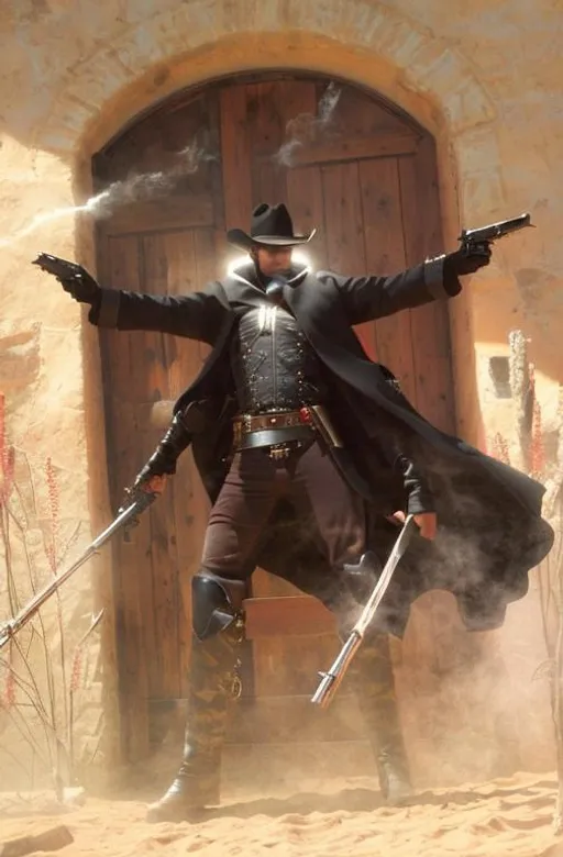 Prompt: Cyber Cowboy with 4 Arms, fiery red Poncho, Dressed in black duster and Stetson Cowboy Hat, with Red eyes, Haunting Presence, Intricately Detailed, Hyperdetailed, Desert Wild West Landscape, Dusty Midnight Lighting, Wild West Feel