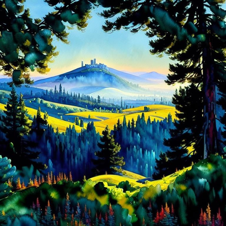 Overlooking A City In Gouache Style, Watercolor, Mus... | OpenArt