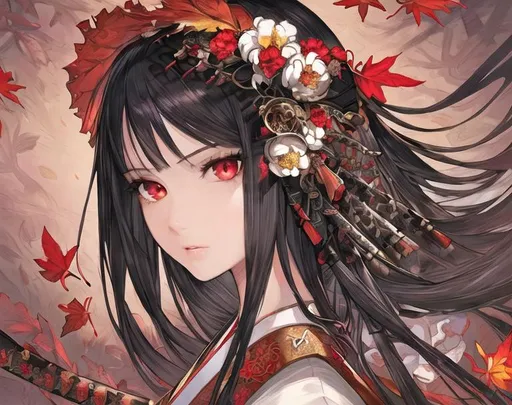 Prompt: masterpiece, illustration, best quality:1.2), 1girl, solo, black hair, beautiful, finely detailed, detailed face, toned face, beautiful detailed eyes, beautiful detailed shading, beautifully detailed background, red eyes, fallen leaf, autumn, white kimono, flower hair ornament, katana, ready to attack