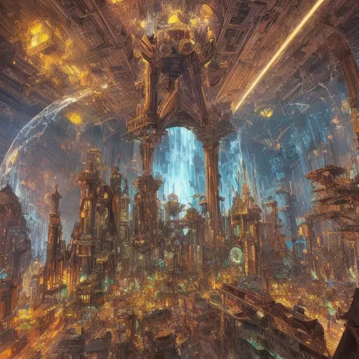 Prompt: 3D, hundreds of Futuristic, steam punk, metal shiny, robots in a Utopian city with stained glass and high-voltage lightning, huge waterfalls