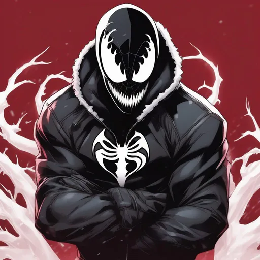 Prompt: Sexy, Anime Style Venom symbiote, wearing a winter jacket, and red background with black undertones.