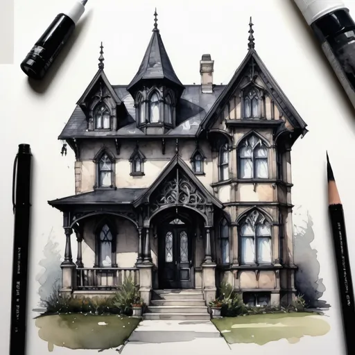 Prompt: Tiny Gothic revival small house, narrow house, architectural hand sketch, watercolor painting, dark contrast, front gable end, conceptual, highres, detailed, watercolor painting, gothic revival, architectural sketch, dark tones, contrast, conceptual art, atmospheric lighting