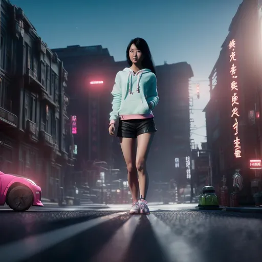 Prompt: Close-up, Gorgeous giantess Asian woman, long black hair, stunning body, large chest, in a oversized neon pink hoodie. Wearing oversized green leggings. Hyper realistic. Intricately detailed. 8k resolution. Miniature Japanese busy street. 