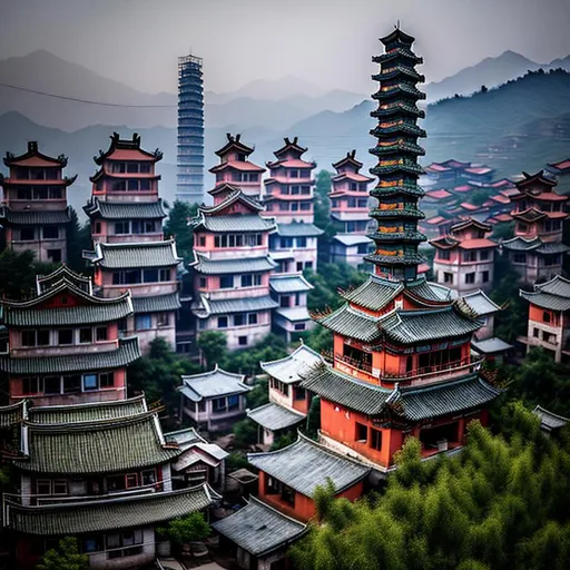Prompt: In a rustic Chinese town, a cleverly disguised cellphone tower takes the form of a minimalist pagoda. Its roof corners and eaves are adorned with abundant telecommunications equipment, seamlessly blending into the surroundings. While harmoniously camouflaged, the tower still retains its identity as a cellphone tower. Carefully placed antennae and satellite dishes can be found among its rooftops. The camera, attuned to capturing this intriguing sight, employs a wide-angle lens to encompass the tower and its surroundings. Inspired by the works of contemporary photographers like Fan Ho and Edward Burtynsky, this image showcases the art of blending technology with cultural heritage.