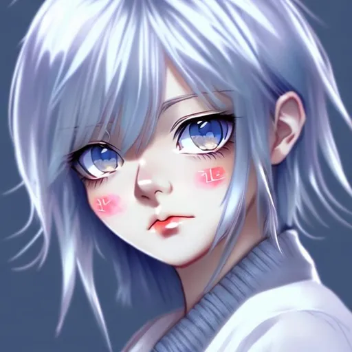 Prompt: young woman,  silver hair that is short , bored expression, blue eyes, plump lips, anime style