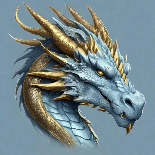 Prompt: Concept design of a dragon. Dragon head portrait. Side view. The dragon is a predominantly pale blue color with gold streaks and details present.