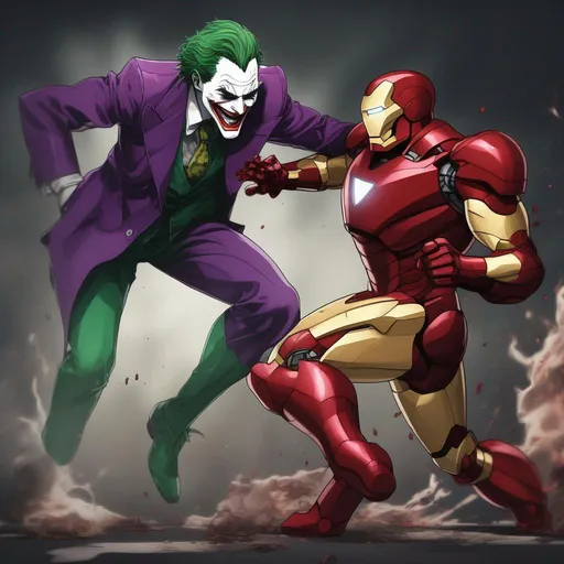 Prompt:  Joker fighting Iron Man Anime artstyle