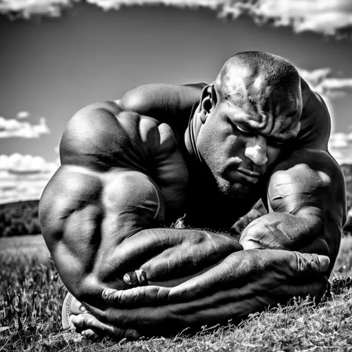 Prompt:  90000 foot giant muscular bodybuilder packed with muscle, lying in a field, eyes closed, arms curved as if holding someone 