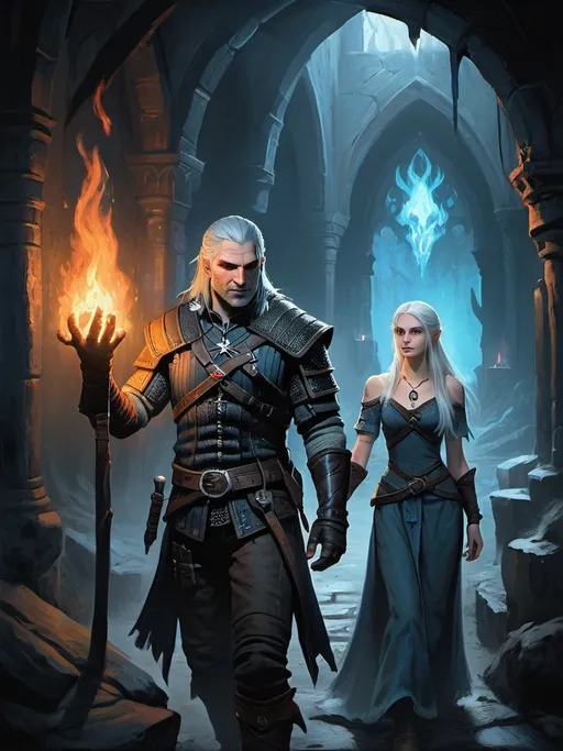 Prompt: the witcher Geralt from Rivia, together with a fair-haired sorceress, walk through gloomy elven dungeons and a bluish flame glows in the girl’s palm. The dungeons themselves are illuminated by rare torches on the walls, slightly dispelling the ominous gloom. style: oil painting