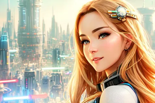 Prompt: UHD, hd , 8k,  anime, hyper realism, Very detailed, zoomed out view, futuristic cityscape, Star Wars, concept art, clear visible face, full character in view, clear visible face, Hyper realistic cartoon style of beautiful woman, happy face expression