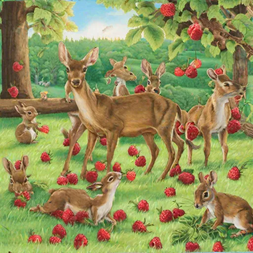 Deer, rabbits and squirrels enjoying the sun eating...