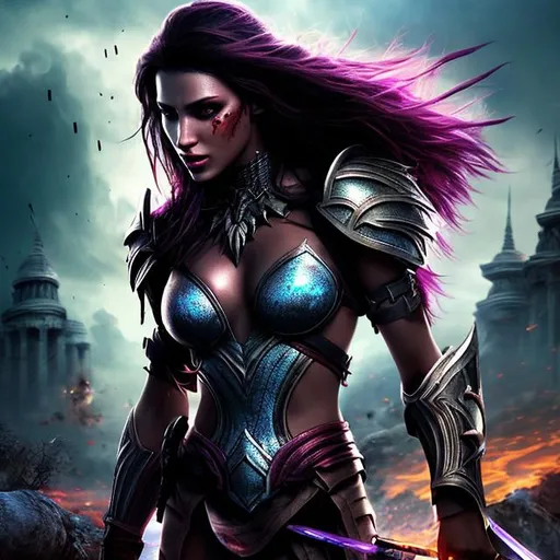 Prompt: HD 4k 3D 8k professional modeling photo hyper realistic beautiful warrior women ethereal greek goddesses of battlefield slaughter dark twin angels
plum hair dark eyes gorgeous face fair skin dark armor blood splatter full body surrounded by magical glowing light hd landscape background underworld battlefield carnage