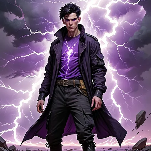 Prompt:  tall man, short black hair purple pupils black combat boots, black cargo pants,  purple tee shirt, black long coat with loose sleeves, lightning aura