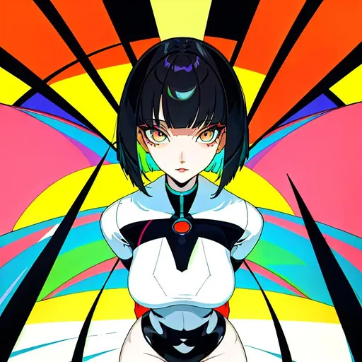 Prompt: a lonely AI girl, very tall, thick thighs, wide hips, long legs, slender waist, big beautiful symmetrical eyes, intriguingly beautiful face, aloof expression, bob haircut with bangs, colorful Absurdism art style, 12K resolution, hyper quality, hyper-detailed, depth of field