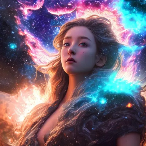 Prompt: (extremely detailed) (hyper realistic) (sharp detailed) (cinematic shot) (masterpiece)female god, supernova explosion,  centered,selfie pose, fullbody view, moonlight,  extraordinary shot, night sky, mountains, river, stars, nebula ,clouds, stunning beauty, 3D illustration, high resolution, reflactions.