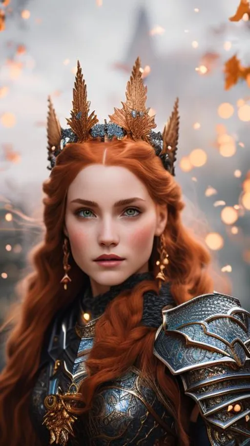 Prompt: Create a photograph of a beautiful fictional female human that is a dragon knight, with beautiful red dragon  armor, red hair, sword in hand and crown in head, extremely, detailed environment, detailed background, intricate, detailed skin, natural colors , professionally color graded, photorealism, 8k, moody lighting