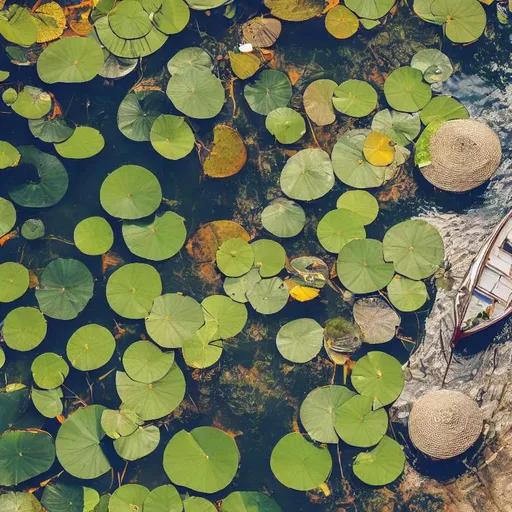 Prompt: an overhead close shot of a boat in the middle of a narrow stream, shady, ripples, reflections, trees, stream shore. in the water, some lotus along with their leaves of lotus and some fish are there and being seen properly.