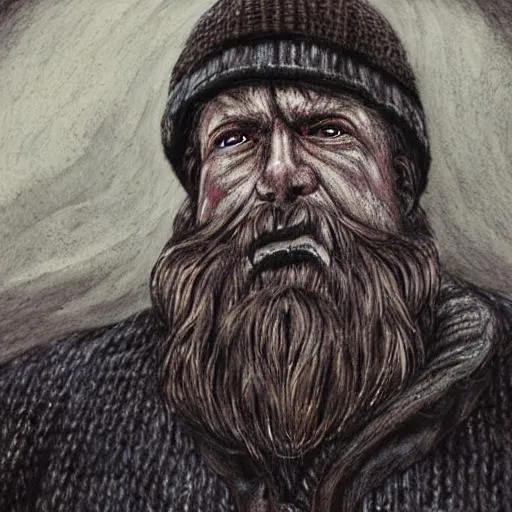 Prompt: Dockworker, rpg, character, victorian, artwork, lovecraft, poor, peacoat, portrait, horror, fantasy, dark, gritty, painting, winter knit hat, eldritch, lantern, strong, shovel,  bulky, angry, fisherman's sweater, graverobber, beard, white eye, scars