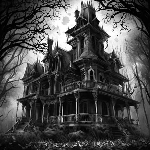 Prompt: "haunted mansion, black leaves, white background, eerie, detailed"