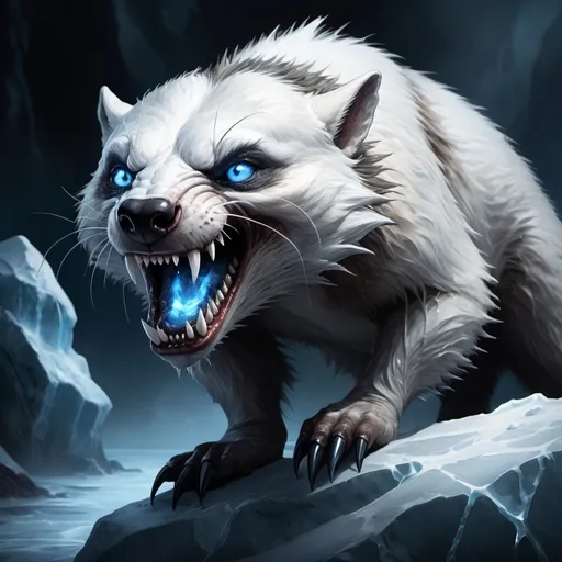 Prompt: Fantasy illustration of a demonic badgerlike creature with white fur and blue gleaming eyes, sharp sharklike teeth, dangerous claws, lurking on a icey rock, dangerous atmosphere, dark and eerie atmospheric, Fantasy rpg, High quality, detailed, hyperrealistic 
