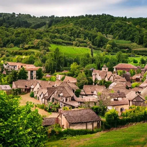 Prompt: medieval village alongside a green woodland, dirt roads, rolling hills.