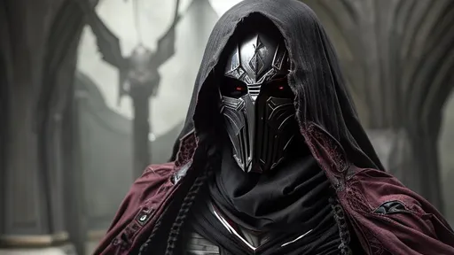 Prompt: Male Sith, faded white Mask, Narrow Black Eyes, crimson Tears, Smooth Nose, Expressionless Mouth, Tattered Black Robe with hood