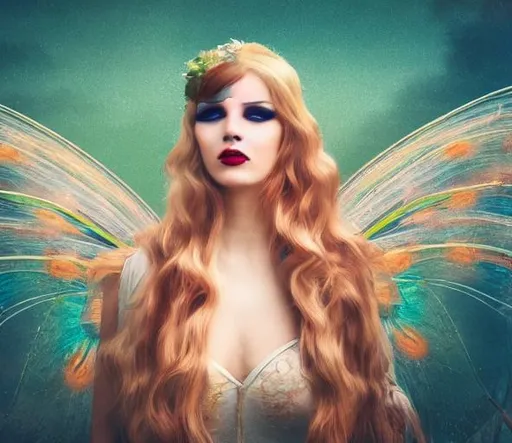 Prompt: photo realistic landscape of a beautiful retro fairy woman with long flowing hair and fairy wings,  facing camera, symmetrical face, ideal human, photography, ultra details, natural light, crowded carnival background