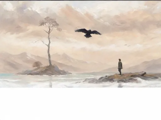 Prompt: A young man (lost in the world), standing by the ocean, stark mountains looming in the background, a single tree silhouetted against a cloudy and dreary sky, a gust of strong wind blowing through his scarf, one crow (flying), dramatic atmosphere, soft muted colors, high detail, ultra-detailed, capturing a sense of vulnerability and isolation.