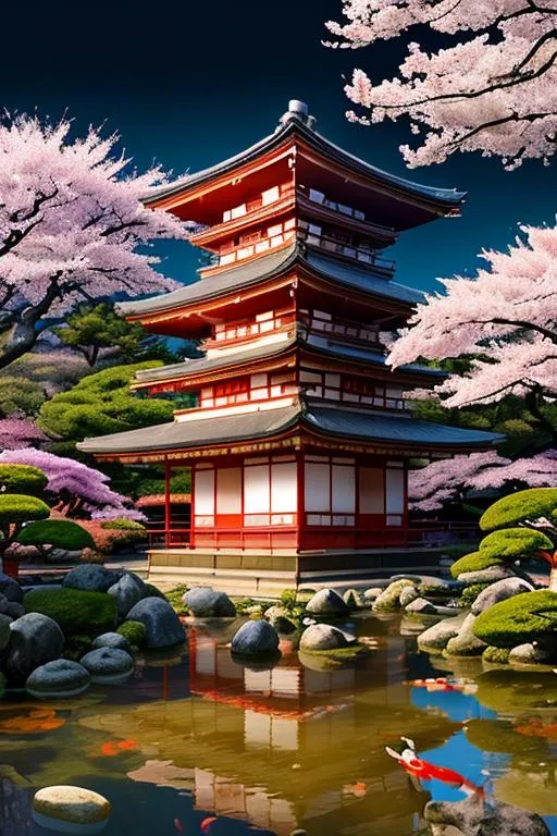 Prompt: A Japanese temple in a Sakura forest with a koi pond, 64k, highest resolution, vivid colors, highest delay, retrowave aesthetic, highest detail, 