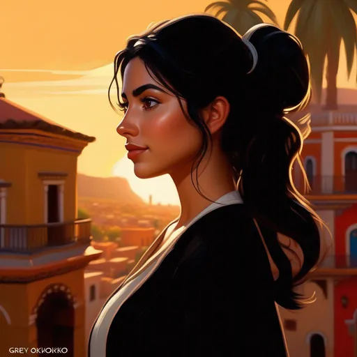 Prompt: Third person, gameplay, Mexican girl, pale olive skin, black hair, brown eyes, modern, Guanajuato, sunny hot weather, warm atmosphere, cartoony style, extremely detailed painting by Greg Rutkowski and by Henry Justice Ford and by Steve Henderson 

