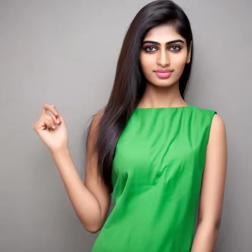 Prompt: image with white background with modern indian model woman in sleeveless green dress