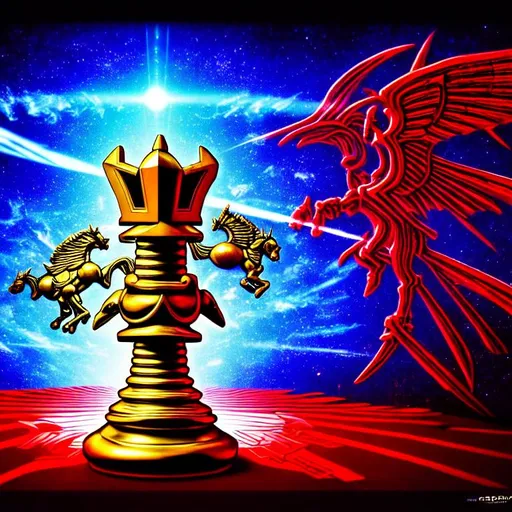 Prompt: HDR, UHD, 64K, detailed red blue KING chess piece cross pegasus, ufo, highly detailed, rhads, the god arc, global illumination, elaborate surrounding, akira toriyama, gundam, alucard