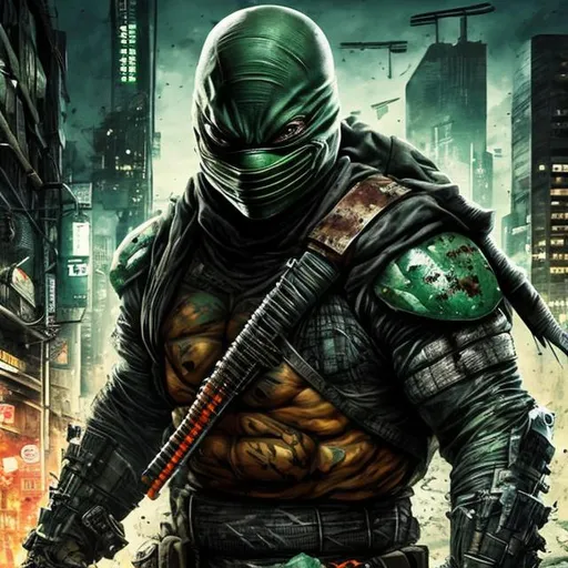 Prompt: Ninja turtle, dark green and orange. Imperfect, Gritty, Todd McFarlane Spawn batman style futuristic army-trained villain. full face mask. Bloody. Hurt. Damaged. Accurate. realistic. evil eyes. Slow exposure. Detailed. Dirty. Dark and gritty. Post-apocalyptic Neo Tokyo .Futuristic. Shadows. Sinister. Armed. Fanatic. Intense. 