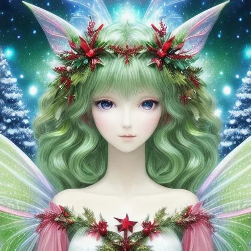 Prompt: fairy goddess of Christmas, etheral,dreamscape, vivid clors of red,green and gold,silver,closeup