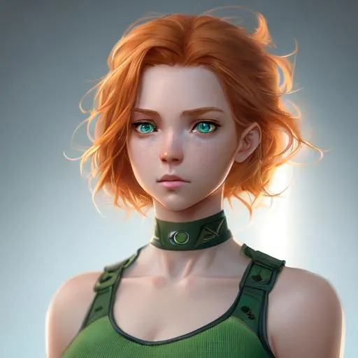 Prompt: Detailed character portrait, highly detailed, cinematic lighting, digital painting, concept art, sharp focus, full character view, illustration, very detailed, detailed face, female human, light ginger hair, green eyes, normal human, light curly hair. Light blue crop top, 13 years old.