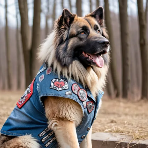 Prompt: Caucasian Shepherd Dog wearing a heavy metal music denim vest with patches
