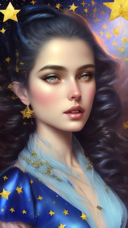 Prompt: a beautiful girl on a dark blue background with gold stars in her hair, shimmer, glow, stars, wavy hair, euphoria makeup, highly detailed girl by artgerm and Edouard Bisson, highly detailed oil painting, portrait of a beautiful person, art by Stanley Artgerm, Charlie Bowater, Atey Ghailan and Mike Mignola,