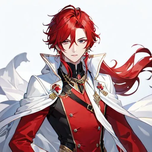 Prompt: Zerif 1male (Red side-swept hair covering his right eye) wearing a royal suit, white shawl