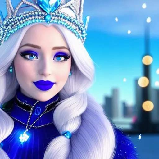 Prompt: Ice Queen Kayleigh McEnany, Elsa, eating blue ice cream in winter palace, blue lipstick, city skyline, windy and snowing, blue heart necklaces, Large frozen Ball Gown, pleasant face, blue eyes, Black-purple eyeshadow, Sugar Hat, extremely large ice earrings. Cold color scheme, ultradetailed, 8k resolution, perfect, smooth, high quality, shiny. 