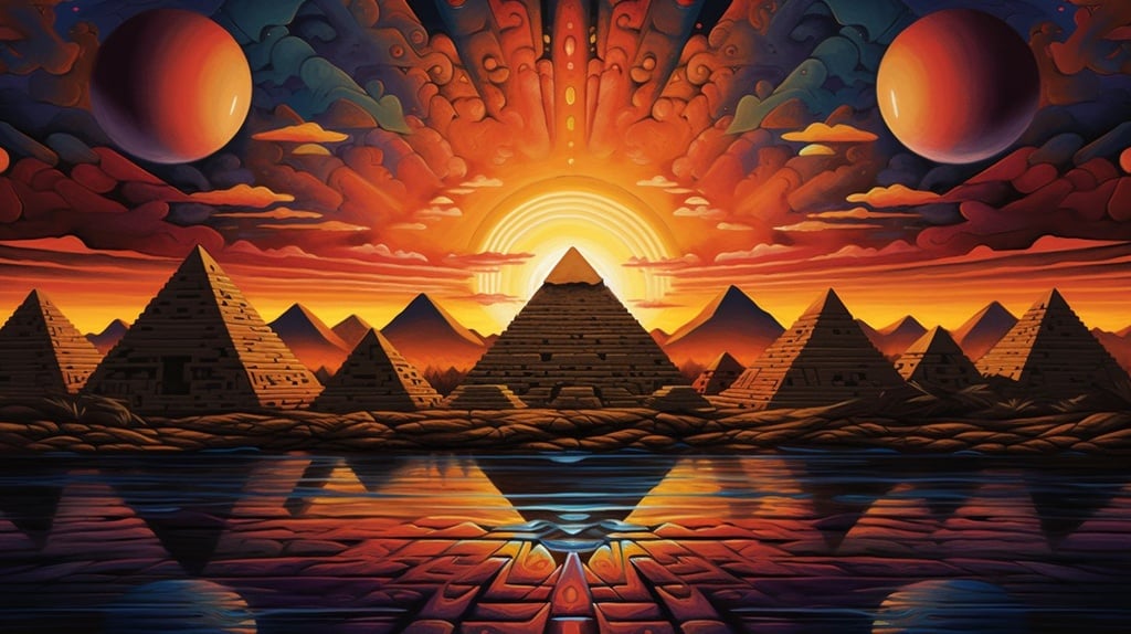 Prompt: pyramids in front of a sunset, aztec art creamic