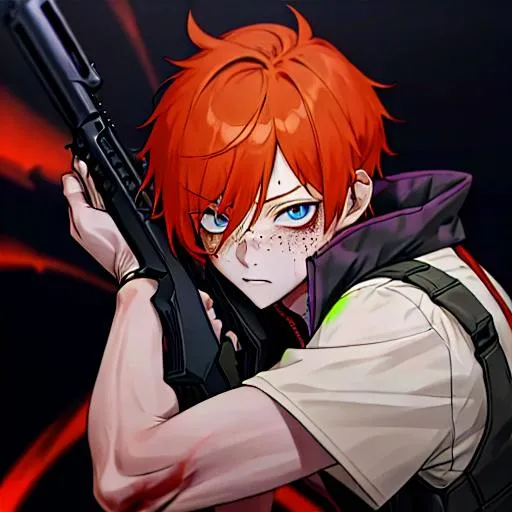 Prompt: Erikku male adult (short ginger hair, freckles, right eye blue left eye purple) UHD, 8K, Highly detailed, insane detail, best quality, high quality, covered in blood,  anime style, shooting a shotgun