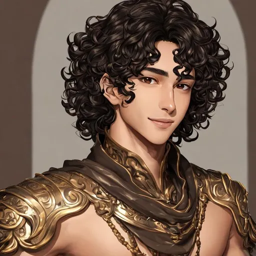 Prompt: Handsome prince with bronze skin, shoulder-length black, curly hair, brown eyes, and a gentle smile