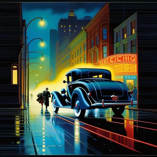 Prompt: 1930s, Chicago at night, neon, car chase, rain, fog, cold blue atmosphere, cartoony style, extremely detailed painting by Greg Rutkowski and by Henry Justice Ford and by Steve Henderson 

