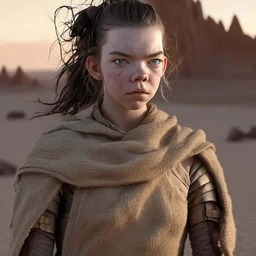 Prompt: anya taylor-joy, beaten face, detailed face, skinny, anorexic, tall, military, robot arm, desert armor, rey starwars, bandaged arms, tan poncho, desert, mountain, scifi, futuristic
