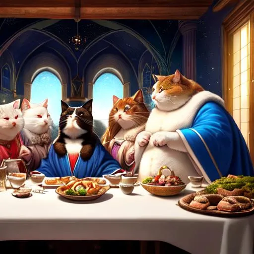 Prompt: Christ last supper but w obese cats instead of humans.  pastel, glowing fluffy, silky, furry, backlit, warm tones, night-sky, moss, indigo, cream, coral, bone-white, photorealistic eyes, ornate, dynamic, volumetric lighting, hyper-realistic, cinematic, detailed, expressive, 4k UHD, immense detail, dramatic lighting, well lit, 8k, 
