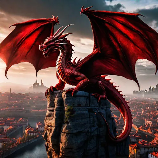 Prompt: ((A full-grown red dragon with wings perched on a crag above the rooftops of a fantasy city, trending by artstation)), photorealistic 64k resolution, HDR, epic, expansive, brilliant, stunning, hyperdetailedphotorealistic , ultra detailed, hyperrealistic, surreal, matte painting, unreal engine 5, UHD, first player sight

