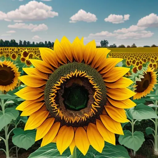 Prompt: A field of sunflowers in the background, one large beautiful sunflower in the foreground, delicate, intricate, UHD, 64k, masterpiece, trending on artstation 