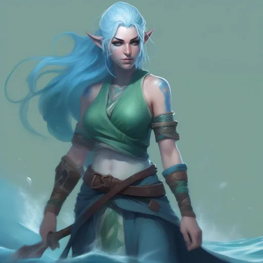 Prompt: dnd a female genasi with pale blue skin and dark blue and green hair flowing water